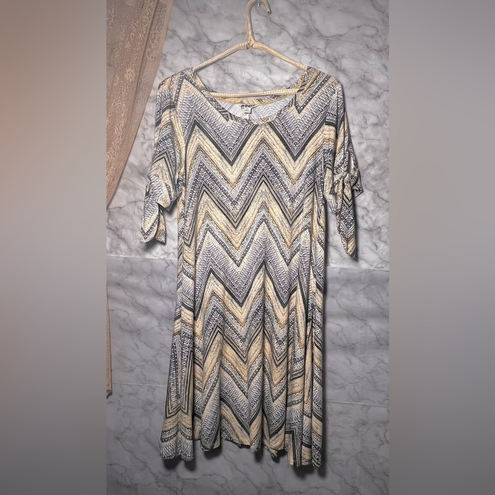 Soft Yellow Boho Western Aztec Swing Dress Tie Sleeve Subtle Scoop XS Mini